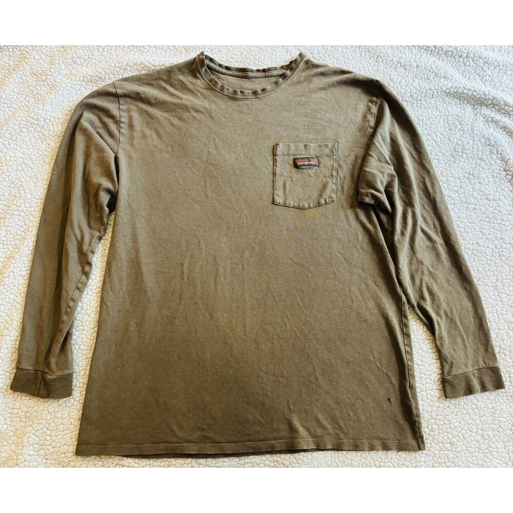 Patagonia Men's Hemp Blend Olive Brown Long Sleeve Work Pocket T-Shirt Size XL